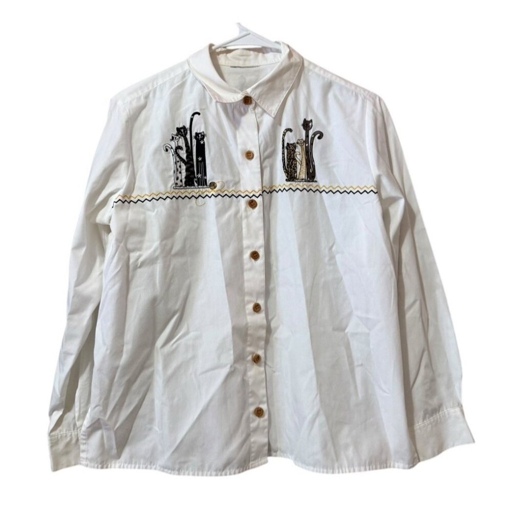 Cats Women Button Down Shirt No Brand Embroidered Size Measured‎ Kitty Artsy